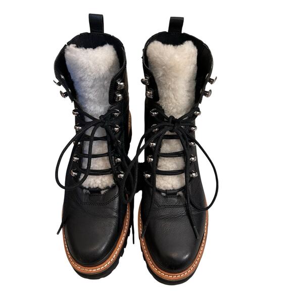 NWOB MARC FISHER LTD Women’s Izzie Shearling Leather Lug Sole Black Boots Sz. 8 - Picture 3 of 16